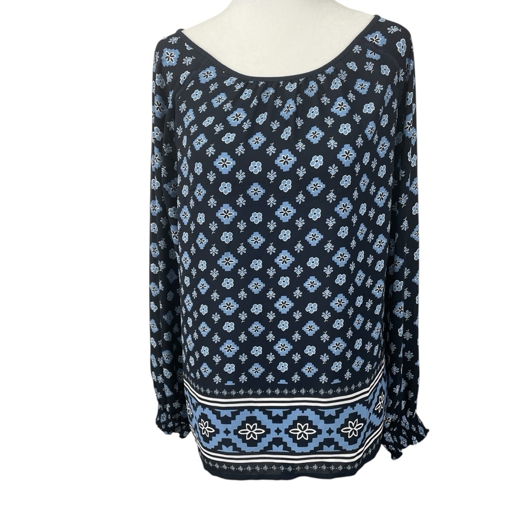 Loft Womens Floral Geometric Navy Blue Blouse Size S